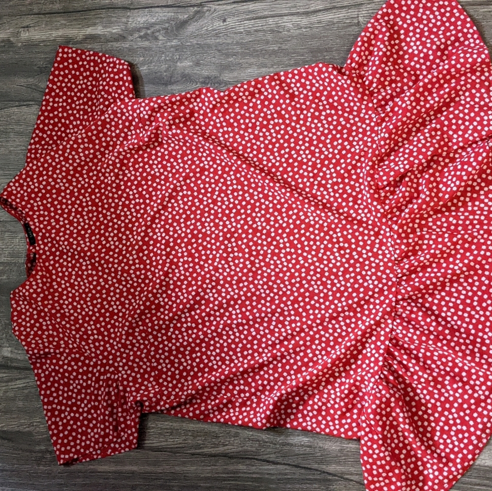 Floral Red Dress with Peephole Button Back (4x) Worn on a 2x body for flowy fit